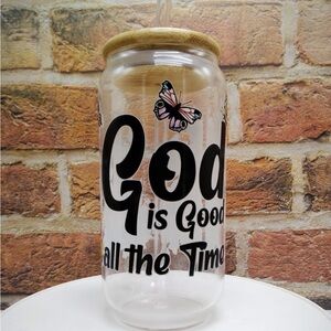 God is Good all the Time Inspirational Glass Cup with Bamboo Lid